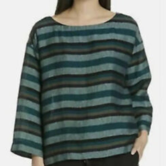 Eileen Fisher Cross-Dyed Organic‎ Linen Top Striped Teal Multi Box Tee Blouse - Picture 2 of 11